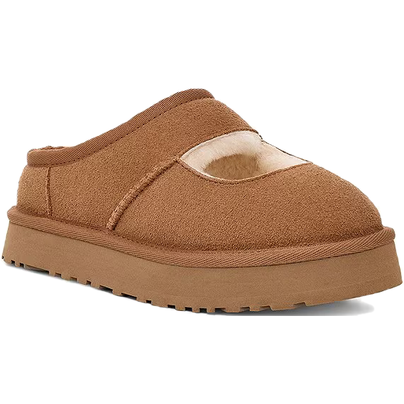 Front angled view of UGG Youth Bea Mary Jane Clog in Chestnut Brown Suede