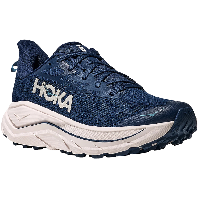 Angled side of Hoka Men's Challenger 8 Trail Running Shoe in Midnight Blue