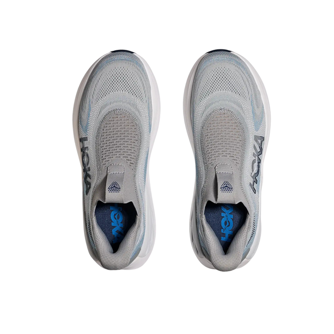 Tops of Hoka Men's Skyward Laceless Recovery Shoe in Stardust Grey