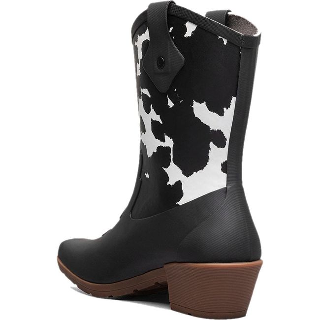Medial side of Women's Bogs Rain Boot Jolene Mid Deco in black and white cow print