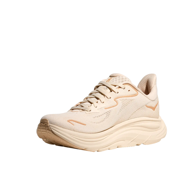 ANgled Medial side of Hoka Women's Clifton 10 Running Shoe in Vanilla Birch
