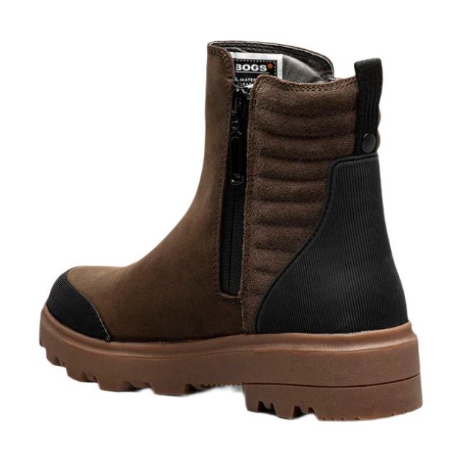 Heel angled view of Women's Bogs Holly Zip II Boot in dark brown waterproof leather and side zipper
