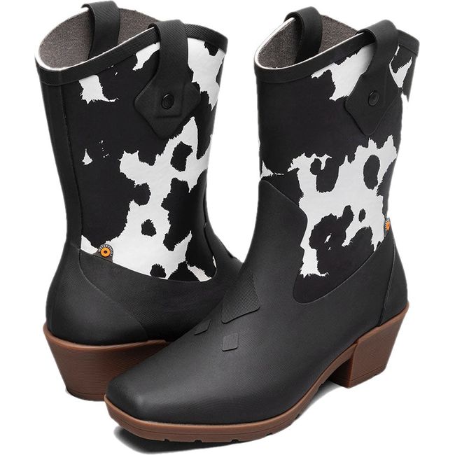 Pair of Women's Bogs Rain Boots Jolene Mid Deco in black and white cow print