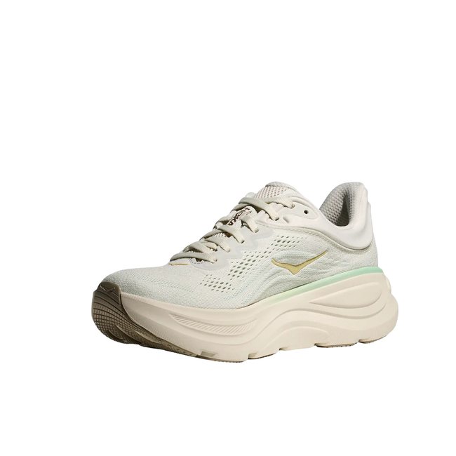 Angled Medial side of Hoka Women's Bondi 9 Running Shoe in Truffle Salt