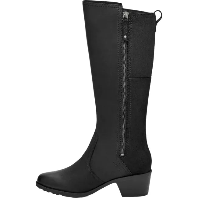 Medial side of Women's Teva Anaya Tall Boot in black waterproof leather with side zipper