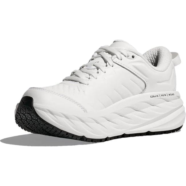Medial side of Women's Hoka Bondi SR Work Shoe in Frost leather with slip resistant sole