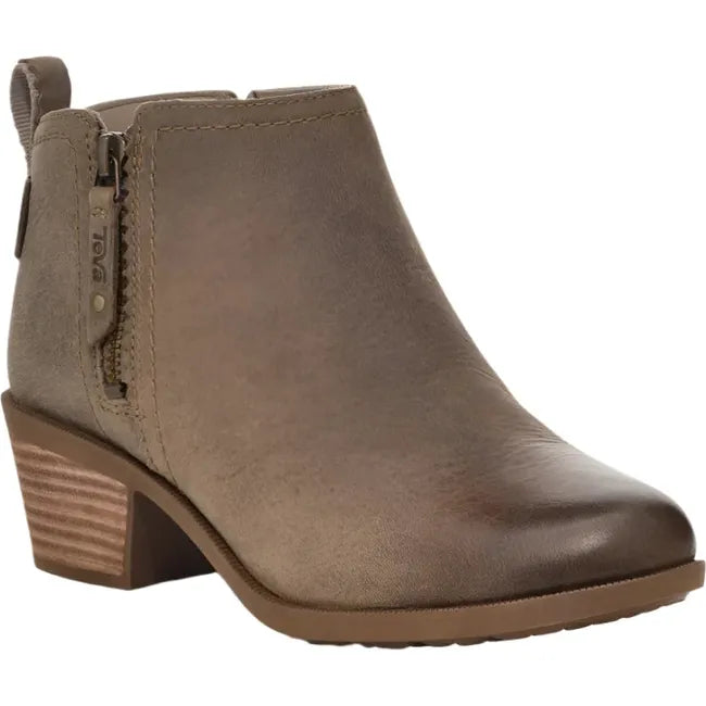 Front angled view of Women's Teva Anaya Waterproof Bootie in Desert Taupe leather with side zipper