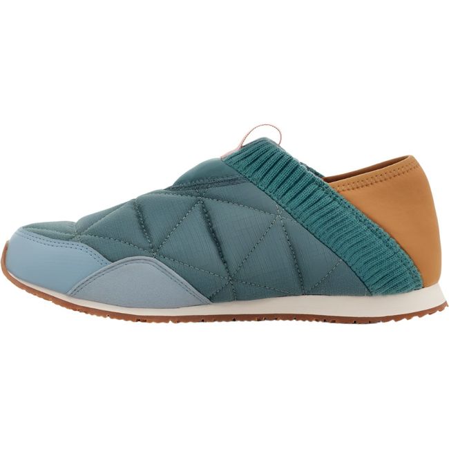 Medial side of Unisex Teva ReEmber Slip On Shoe in Light Multi blue and gold heel