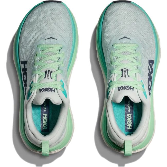 Top down view of Hoka Women's Gaviota 5 Running Shoes in Snow Melt Gray and Cielo Blue