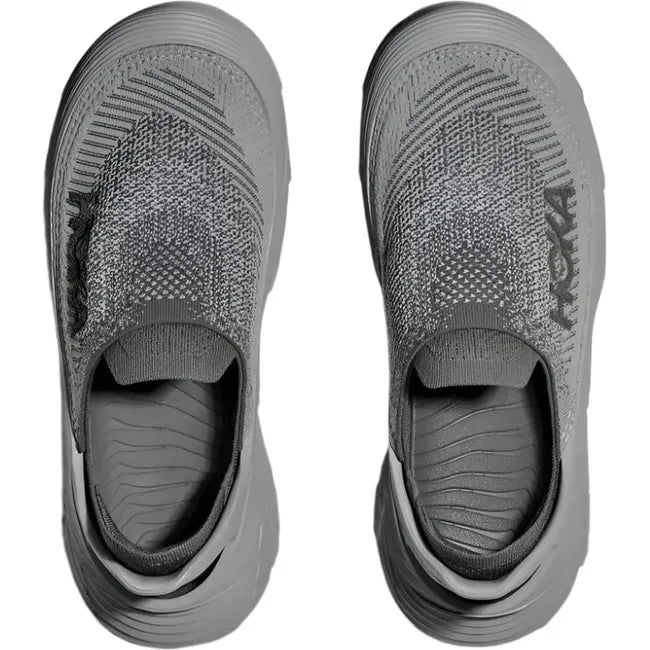 Top down view of Hoka Unisex Restore TC Recovery Shoes in Satellite Grey with slip on feature