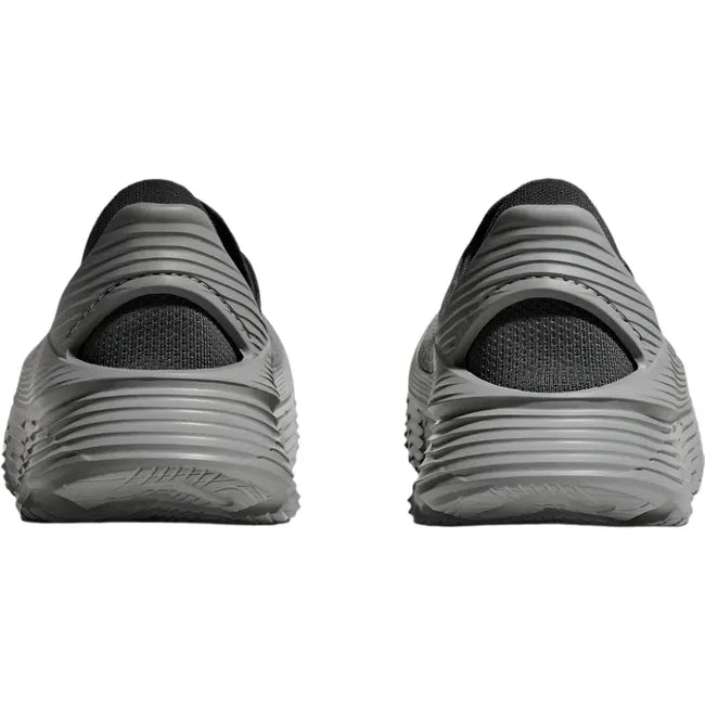 Heels of Hoka Unisex Restore TC Recovery Shoes in Satellite Grey with slip on feature