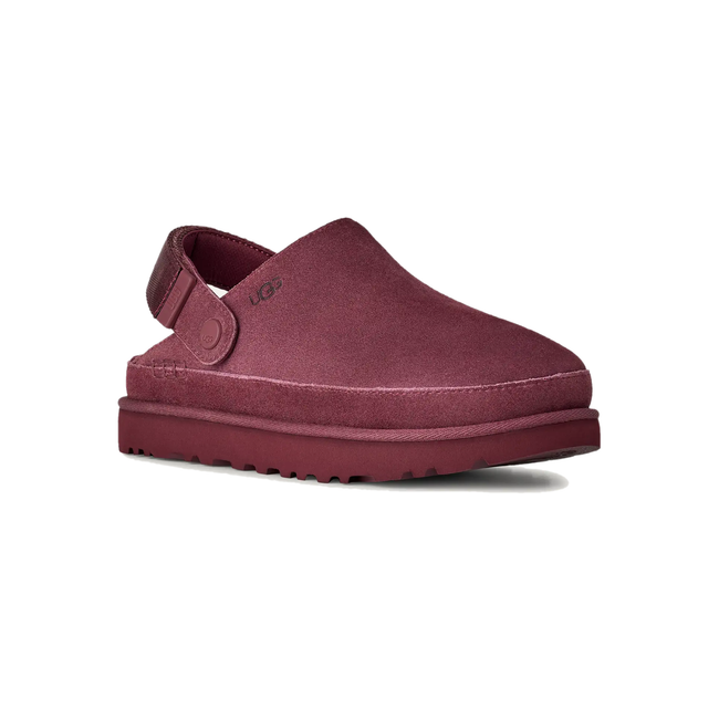Angled side of UGG Women's Goldenstar Clog in Burnt Magenta Redish Purple