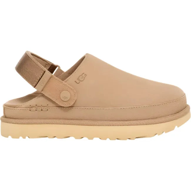 Lateral side of Women's Ugg Goldenstar Clog in sand suede with adjustable heel strap.