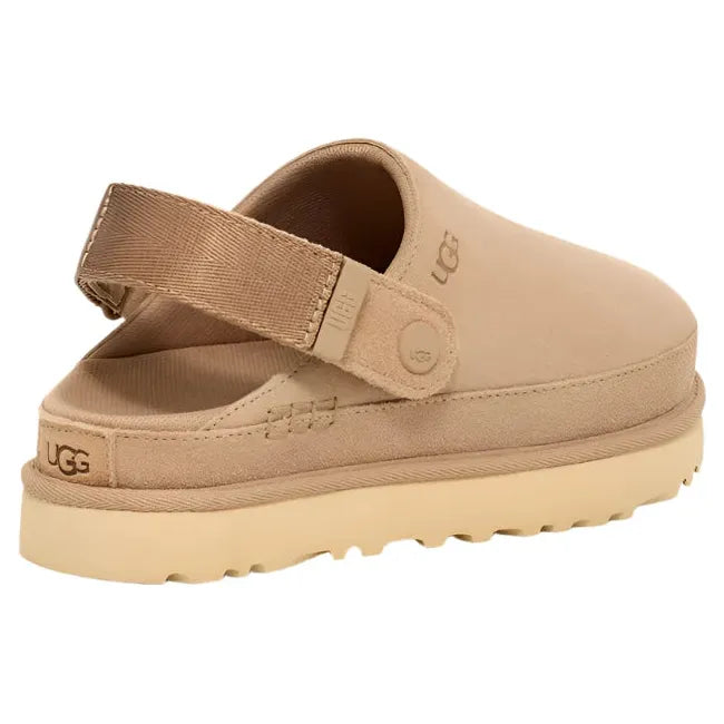 Heel angled view of Women's Ugg Goldenstar Clog in sand suede with adjustable heel strap