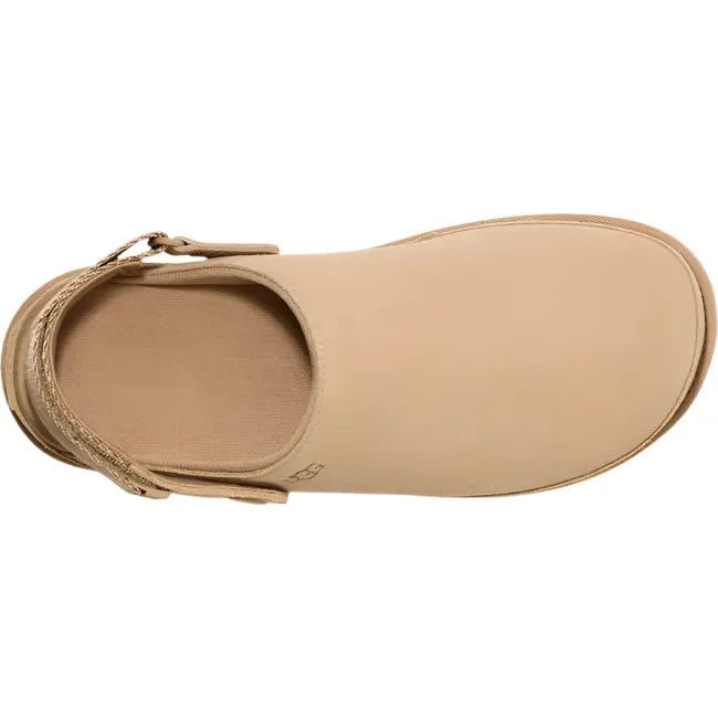 Top down view of Women's Ugg Goldenstar Clog in sand suede with adjustable heel strap