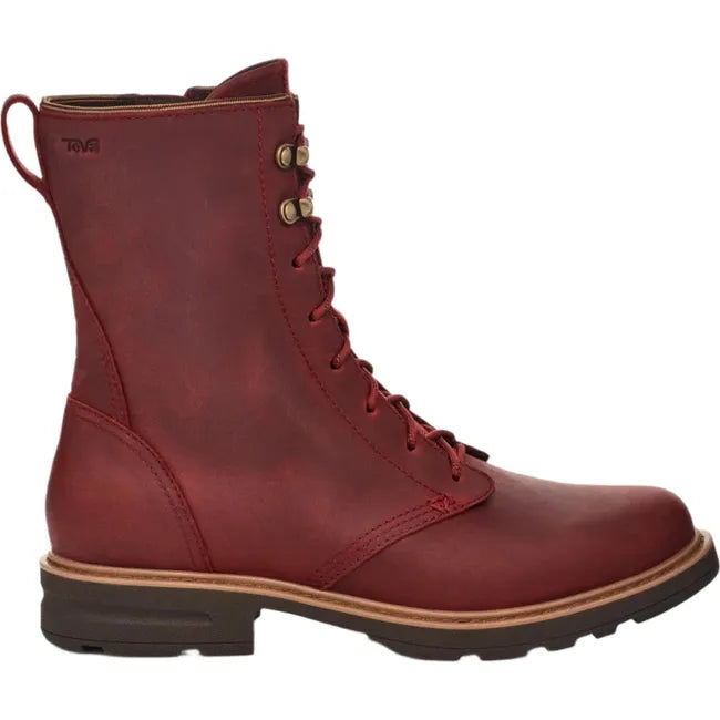 Lateral side of Women's Teva Rowena Lace Up Waterproof Boot in red leather