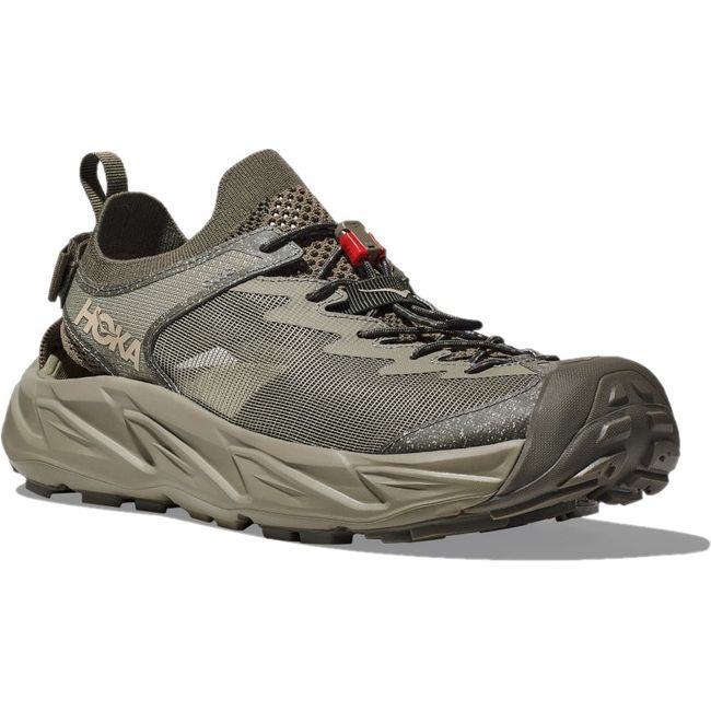 Front angled view of Men's Hoka Hopara 2 Hiking Sandal in Barley green and Oat Milk