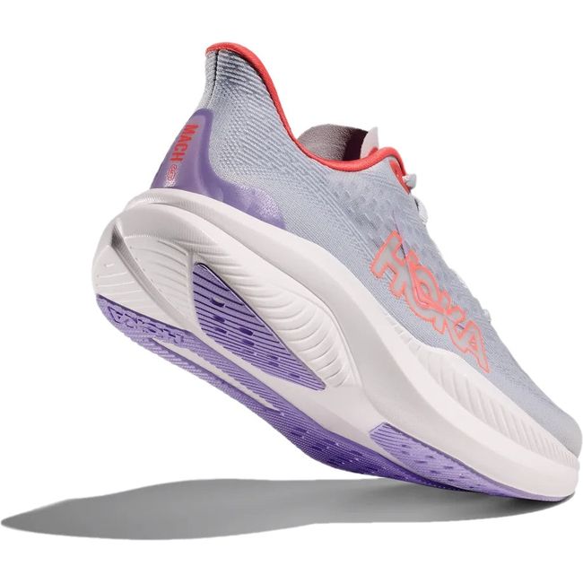 Heel angled up showing tread of Hoka Women's Mach 6 Running Shoe in Pale Dusk Gull