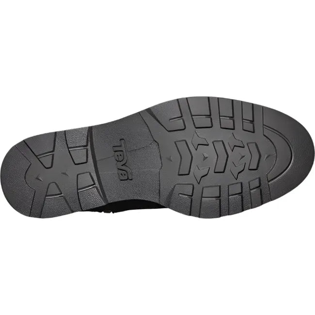 Sole of Women's Waterproof Teva Rowena Tall Boot in black leather with black rubber sole