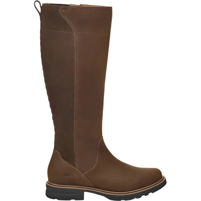 Lateral side of Women's Waterproof Teva Rowena Tall Boot in chocolate brown leather