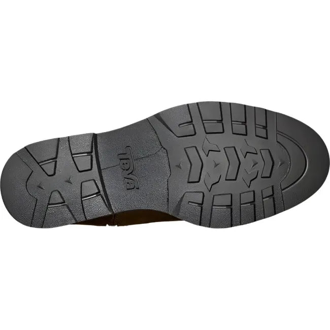 Sole of Women's Waterproof Teva Rowena Tall Boot in chocolate brown leather with balck rubber sole