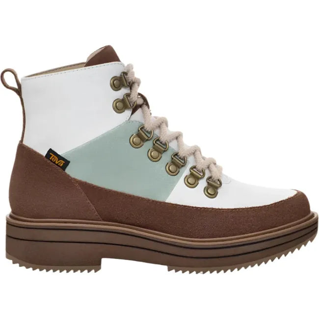 Lateral side of Women's Teva Midform Boot Patchwork Waterproof with brown, white, and green patches
