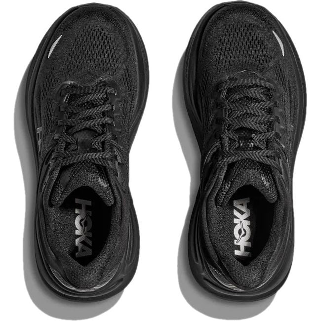 Top down view of Men's Hoka Bondi 9 Running Shoe in all black with mesh upper and lace closure