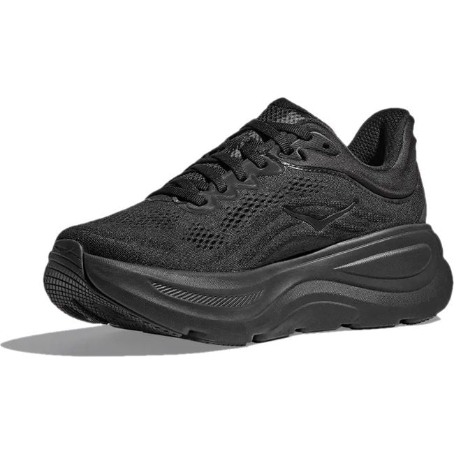 Medial side of Men's Hoka Bondi 9 Running Shoe in all black with thick cushioned midsole