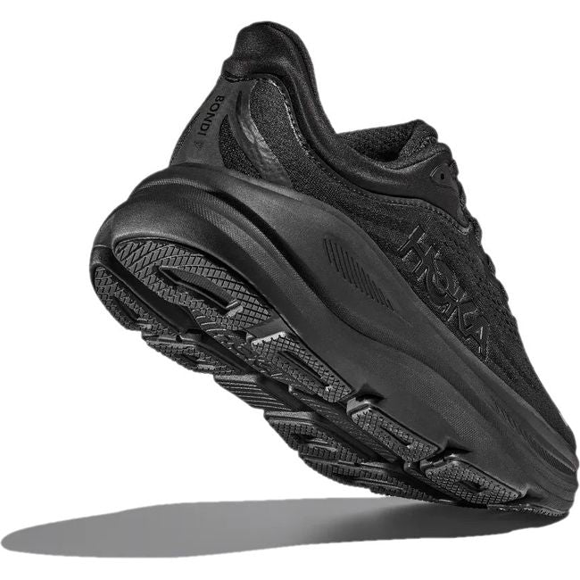 Heel agnled up view of Men's Hoka Bondi 9 Running Shoes in all black with thick cushioned midsole