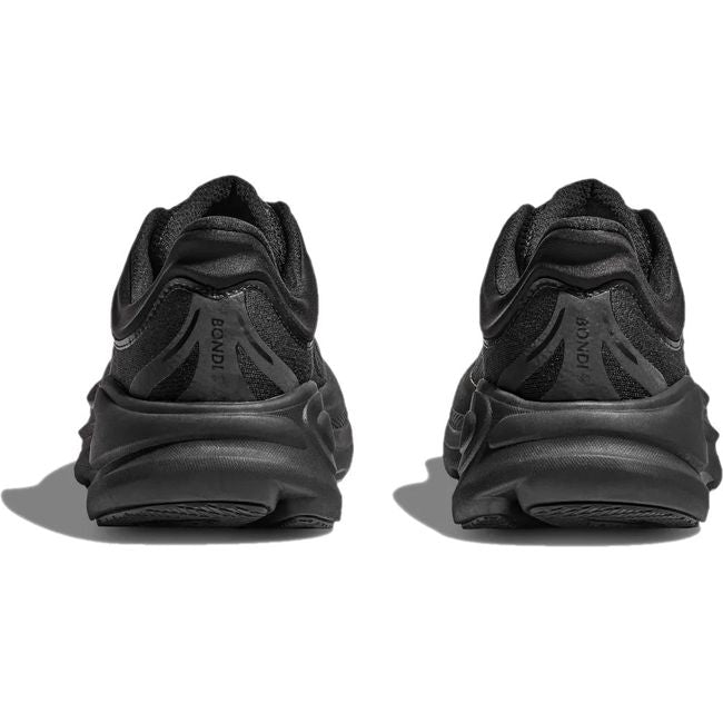 Heels of Men's Hoka Bondi 9 Running Shoes in all black with thick cushioned midsole