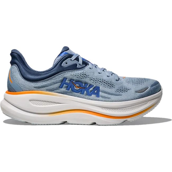 Lateral side of Men's Hoka Bondi 9 Running Shoe in drizzle blue with thick midsole and orange accent