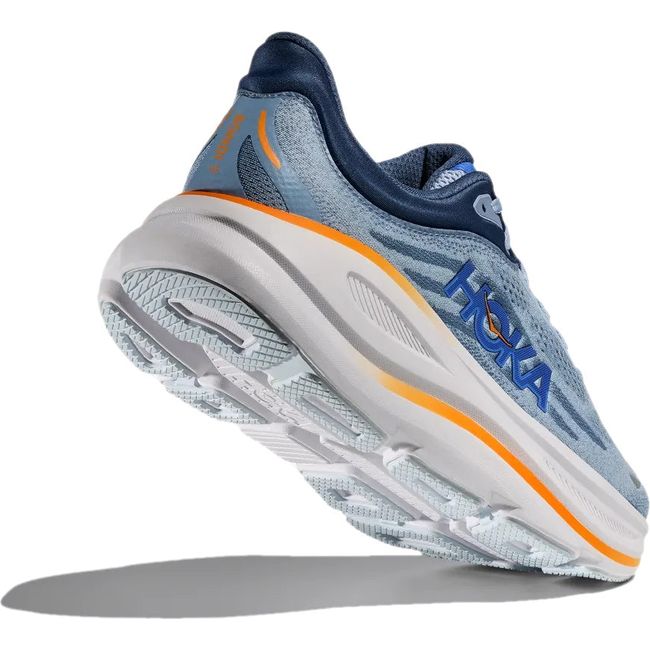 Men's Hoka Bondi 9 Running Shoe with Heel angled up. Blue upper, white midsole and light blue tread