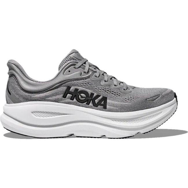 Lateral side of Men's Hoka Bondi 9 Running Shoe in galactic grey with a thick white midsole