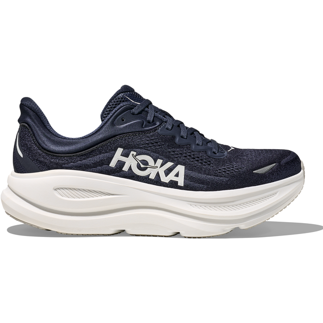 Lateral side of Men's Hoka Bondi 9 Running Shoe in navy blue with a thick white midsole