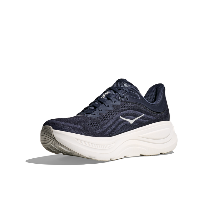 Medial side of Men's Hoka Bondi 9 Running Shoe in navy blue with a thick white midsole