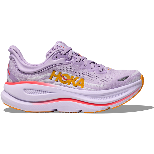 Lateral side of Women's Hoka Bondi 9 Running Shoe in purple with a thick cushioned midsole.