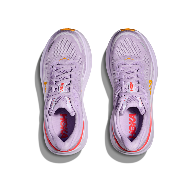 Top down view of Women's Hoka Bondi 9 Running Shoes in purple mesh with lace closure