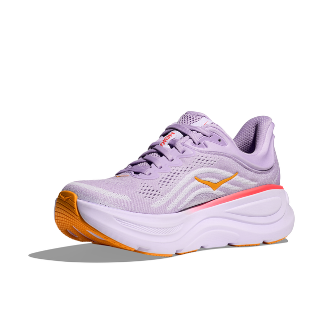 Medial side of Women's Hoka Bondi 9 Running Shoe in purple with a thick cushioned midsole