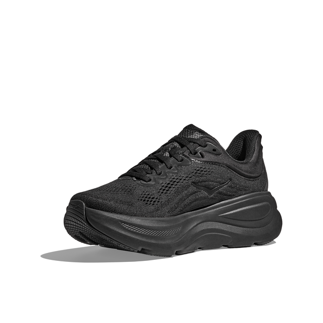 Medial side of Women's Hoka Bondi 9 Running Shoe in all black with a thick cushioned midsole