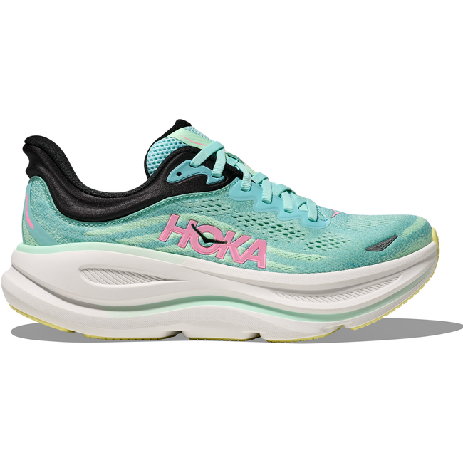 Lateral side of Women's Hoka Bondi 9 Running Shoe in mint green with a thick white midsole