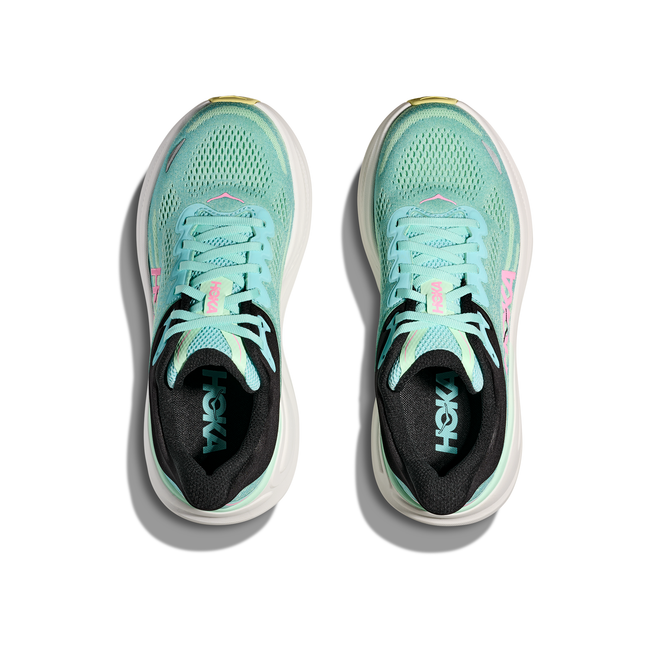 Top down view of Women's Hoka Bondi 9 Running Shoes in mint green mesh with a black ankle cushion