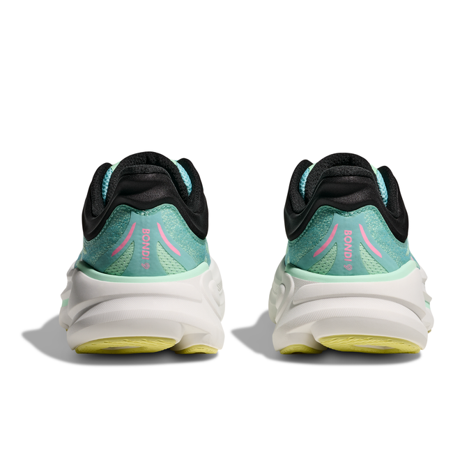 Heels of Women's Hoka Bondi 9 Running Shoes in mint green with a thick white midsole