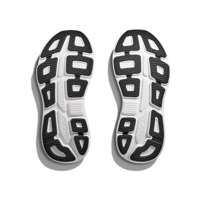 Soles of Women's Hoka Bondi 9 Running Shoes in black upper with a white midsole and black tread