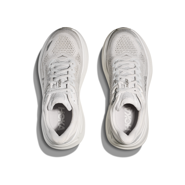 Top down view of Women's Hoka Bondi 9 Running Shoes in stardust silver mesh with lace closure