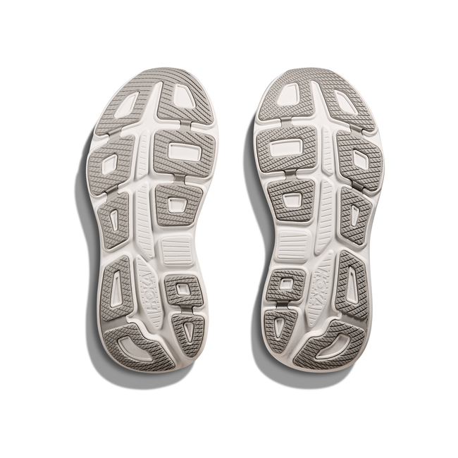 Soles of Women's Hoka Bondi 9 Running Shoes in silver upper with white midsoles and grey tread