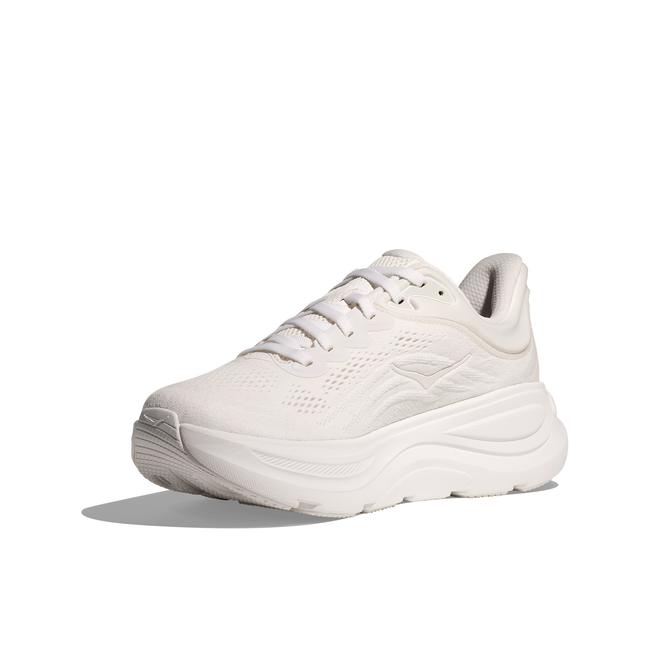 Medial side of Women's Hoka Bondi 9 Running Shoe in all white with a thick cushioned midsole