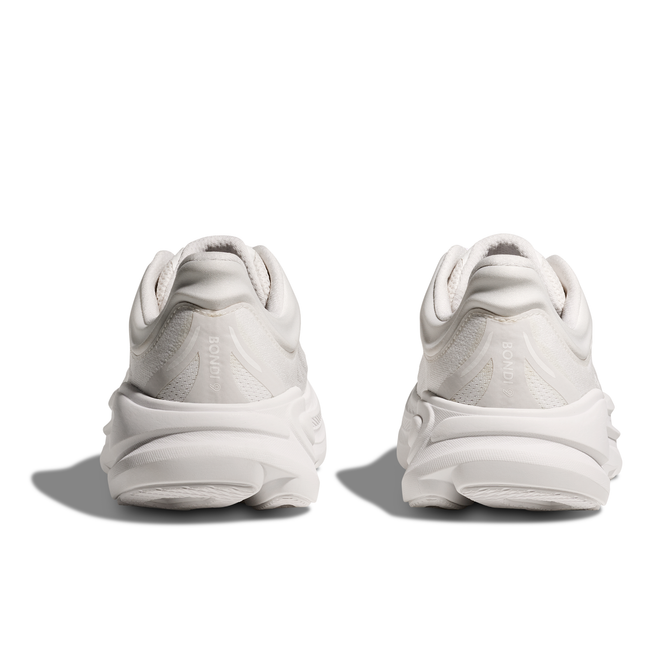 Heels of Women's Hoka Bondi 9 Running Shoes in all white with a thick cushioned midsole