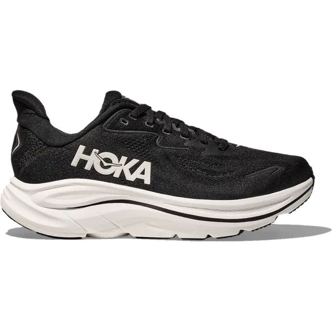 Lateral side of Women's Hoka Clifton 10 Running Shoe in black and white
