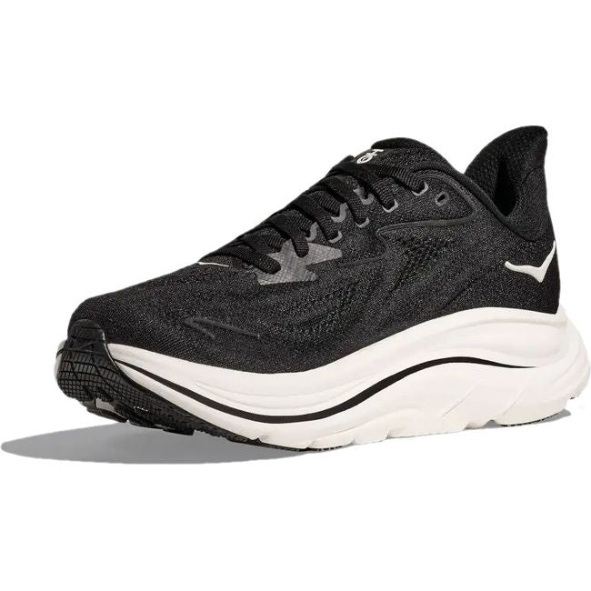 Medial side of Women's Hoka Clifton 10 Running Shoe in black and white
