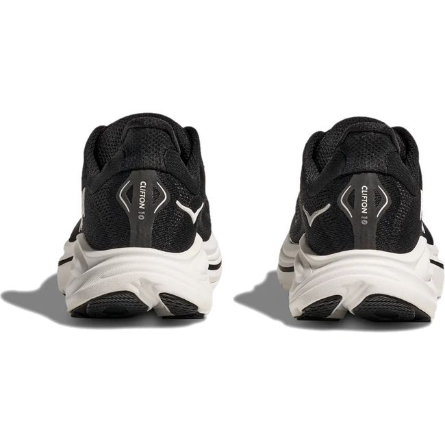 Heels of Women's Hoka Clifton 10 Running Shoes in black and white